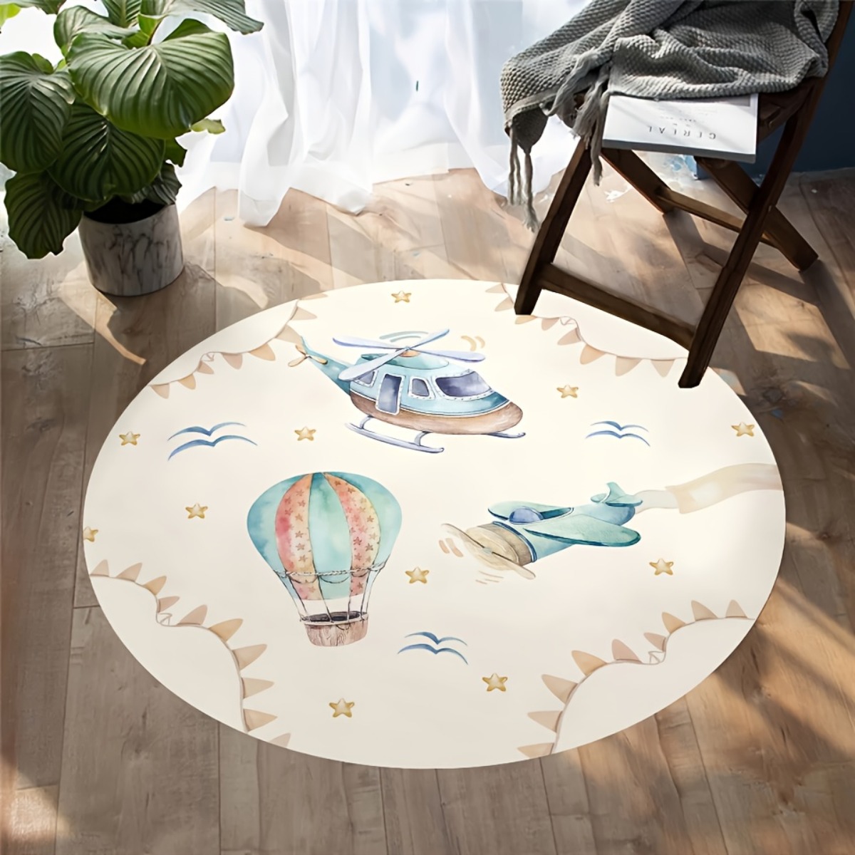 Baby Nursery Mat - Whimsical Hot Air Balloon Airplane Round