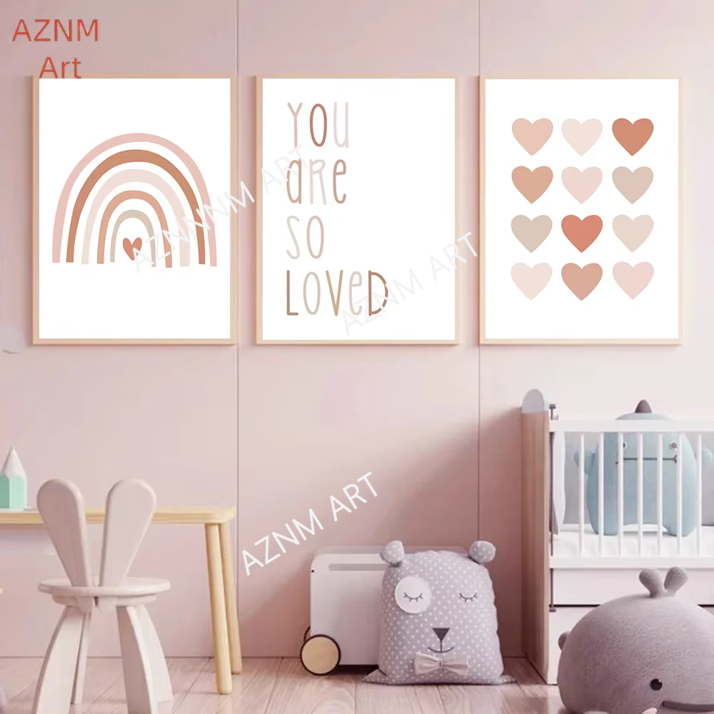 Baby Nursery Posters - 1/3PCS ，Cartoon Heart Rainbow Pink Wall