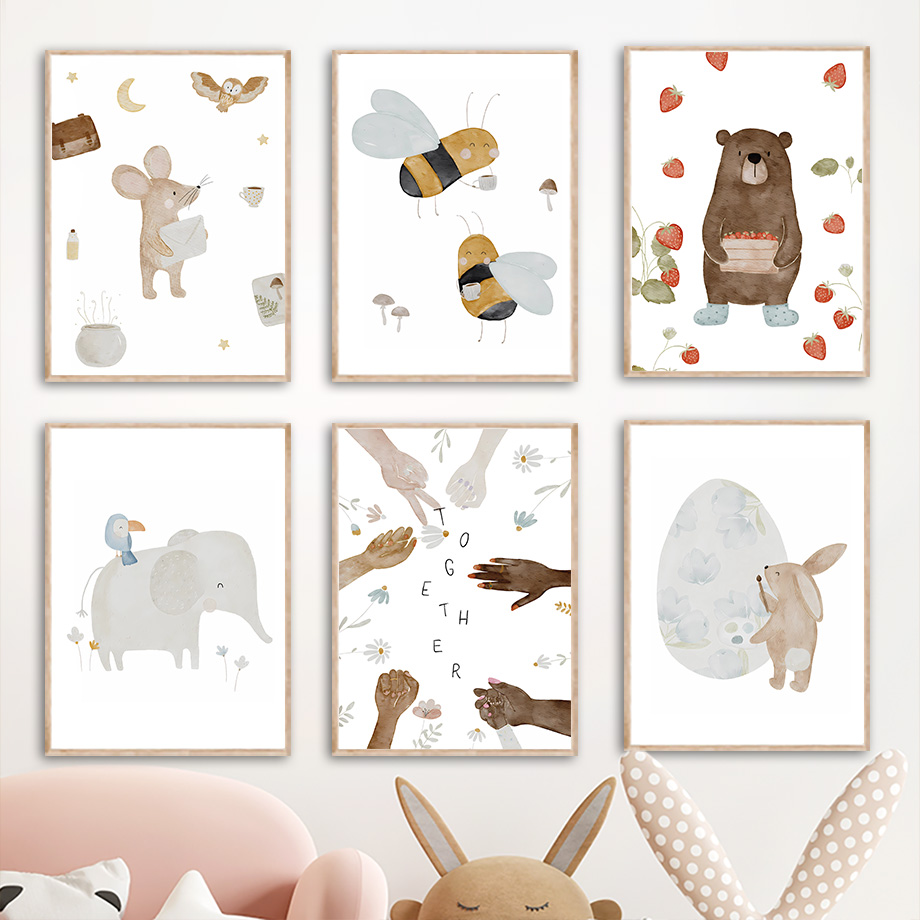 Baby Nursery Posters - Boho Animals Friend Elephant Rabbit Bear