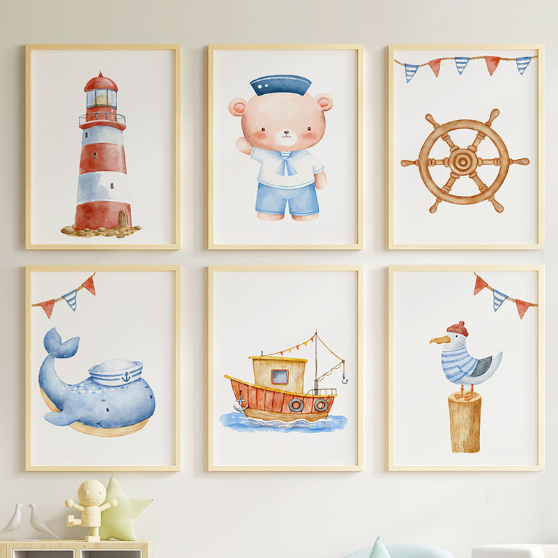 Baby Nursery Posters - Bear Whale Sailboat Lighthouse Nautical Nursery