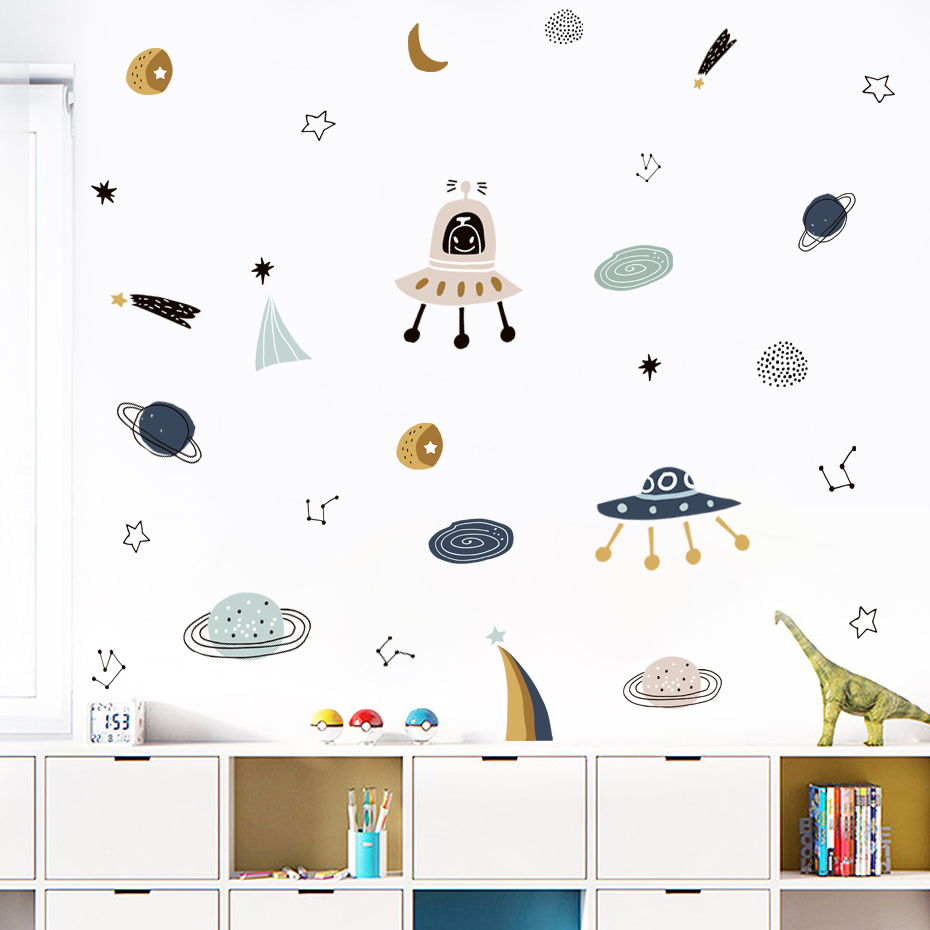 Baby Nursery Vinyl Wall Stickers - Cartoon Ufo Aliens Planet Pattern Watercolor